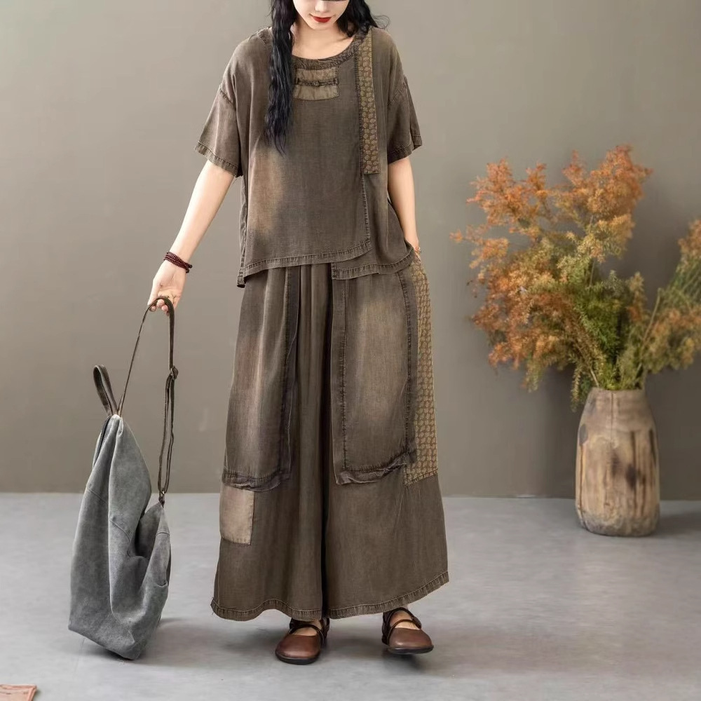 Distinctive Sticks Irregular Denim Short-sleeved T-shirt Women's Loose Wide-leg Pants Culottes Fashionable Western-style Two-piece Suit