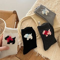 西高地羊毛無骨襪子女小狗蝴蝶結中筒襪秋冬加厚保暖堆堆襪韓版