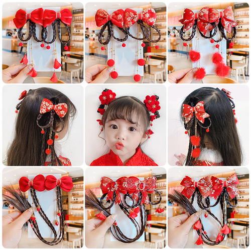 Chinese style New Year's headdress children's Tang suit Hanfu New Year hair accessories baby girl's wig bow tassel hairpin