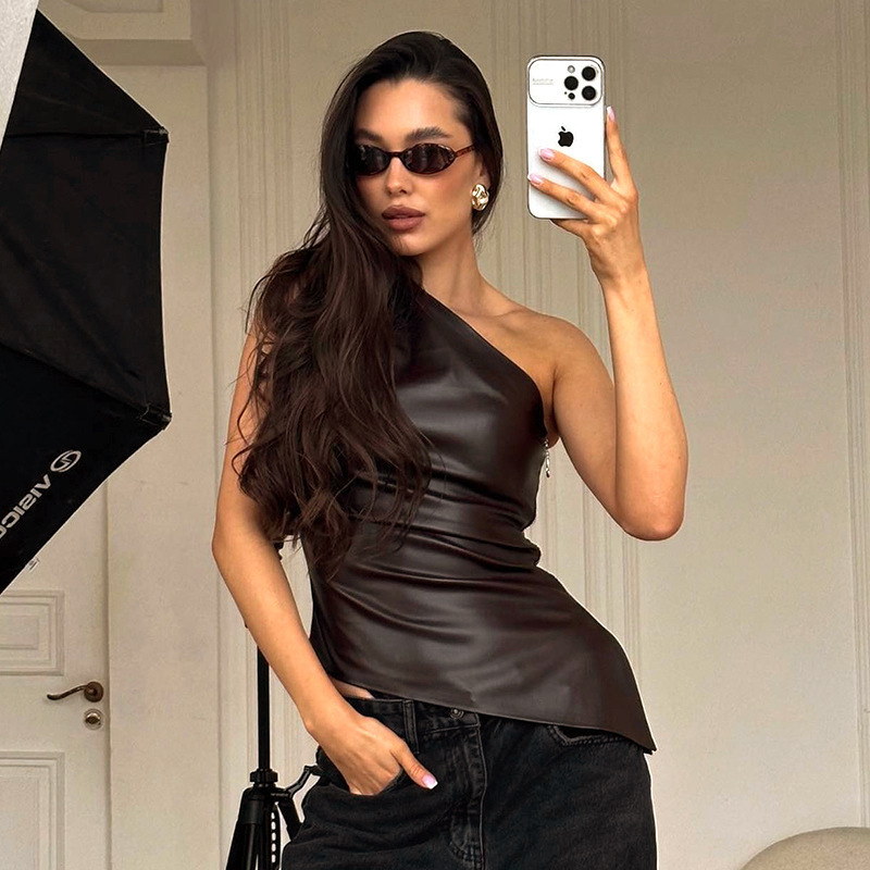 Y24Tp426 European and American Women's Autum Amazon New Pure Color Sleeveless One-Shoulder Slope Collar Zipper T-Shirt Tops for Women