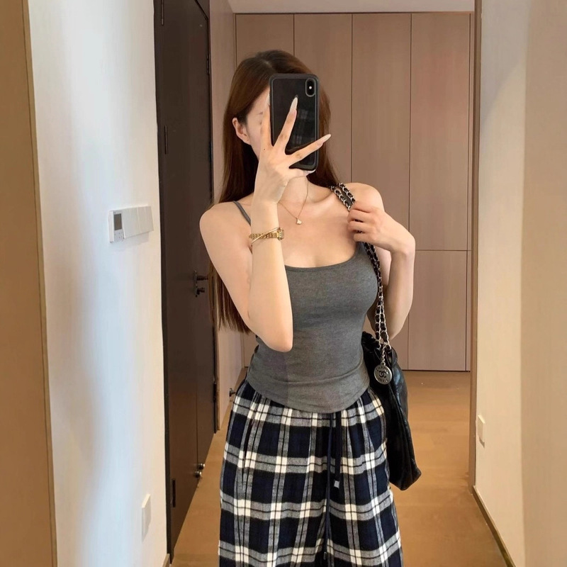 AY94 3D立体模杯胸垫一体超弹力细肩带辣妹蝴蝶结露背吊带背心|undefined