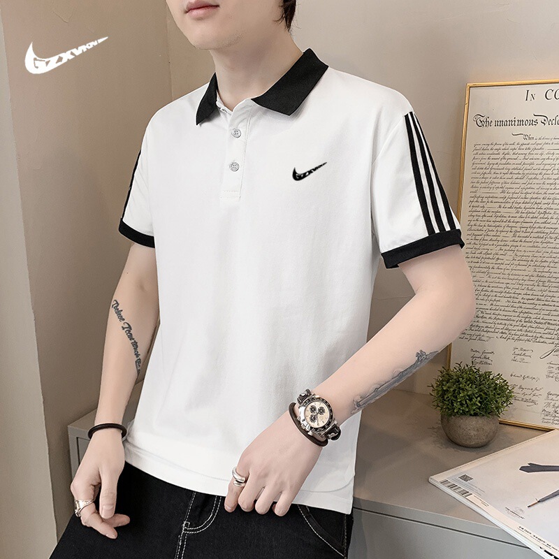Cross-Border Polo Shirt with Lapel Collar, New Summer Style, Solid Color, Three Stripes, Short-Sleeve, Trendy, Versatile, Casual, Stylish Short-Sleeve T-Shirt Cross-Border Polo Shirt with Lapel Collar, New Summer Style, Solid Color, Three Stripes, Short-Sleeve, Trendy, Versatile, Casual, Stylish Short-Sleeve T-Shirt