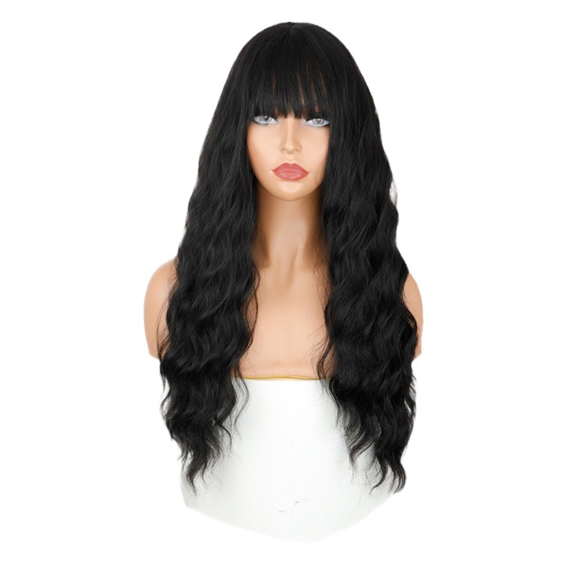 Tiktok Peluca de comercio exterior de las mujeres colorido pelo largo flequillo de aire larga peluca rizada de lana de seda de alta temperatura peluca rizada en stock