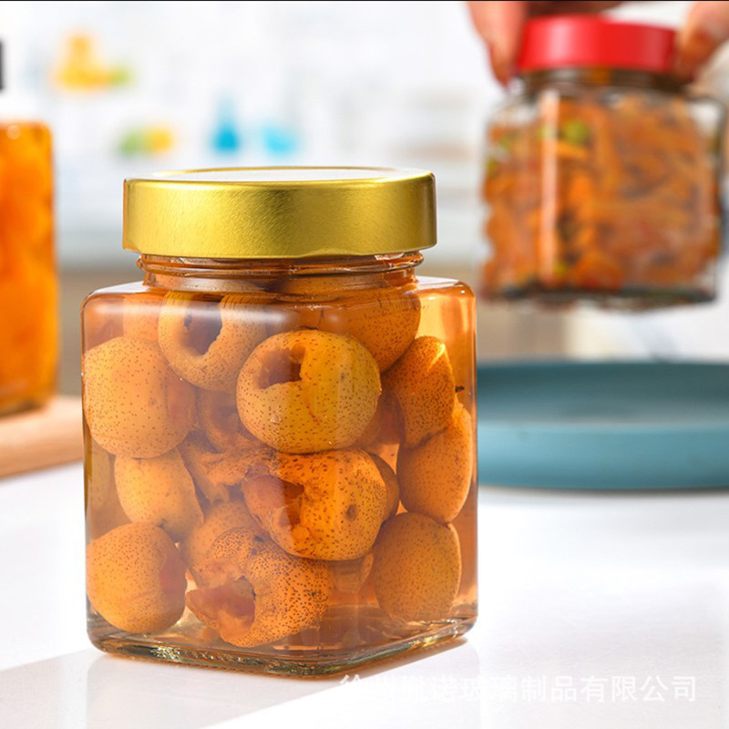 Bulk high-capacity square glass bottle sealed jar chili sauce vegetable bottle food use hexagonal honey jam jar with lid