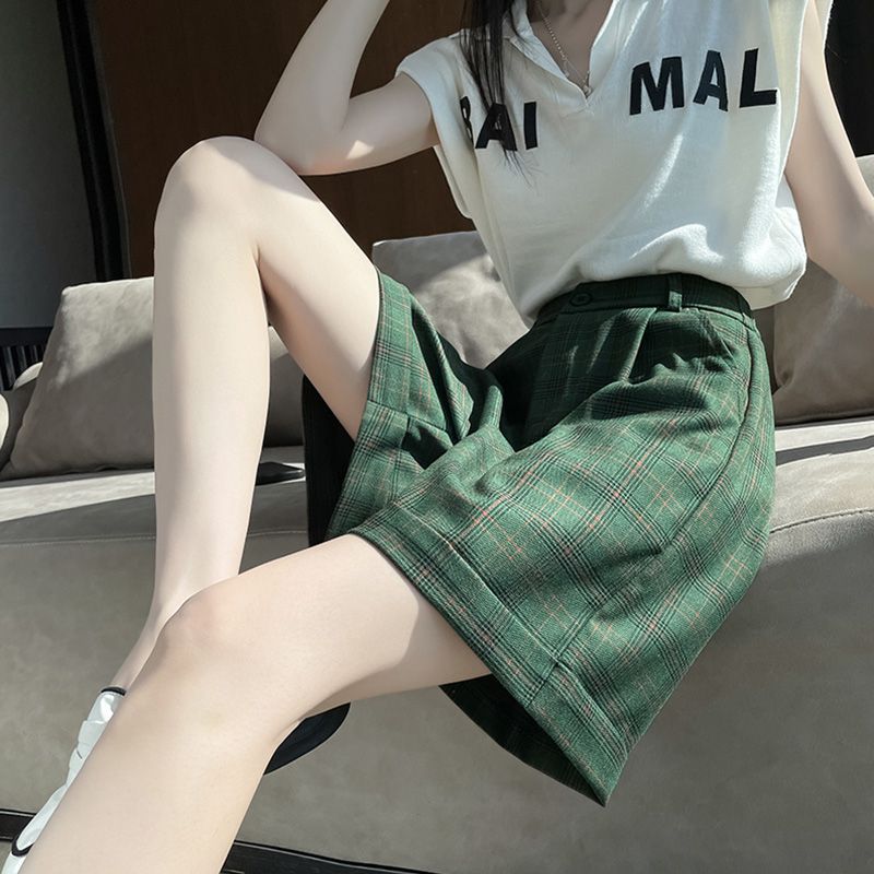 绿色格子短裤女春装新款韩版宽松阔腿五分裤卷边休闲裤子