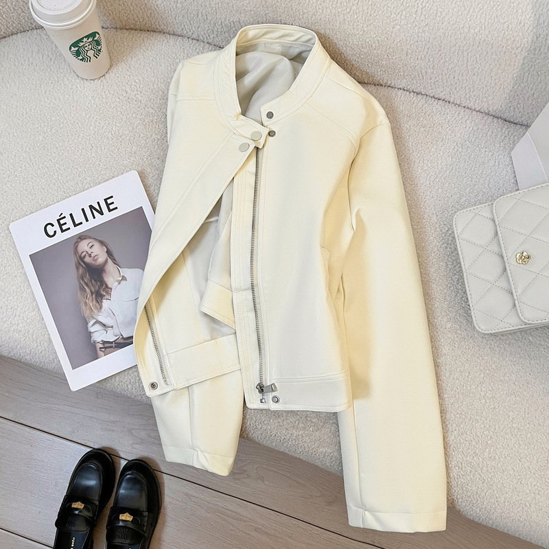 American locomotive creamy-white pu leather coat women's spring 2025 new leisure slim commuter super good-looking top