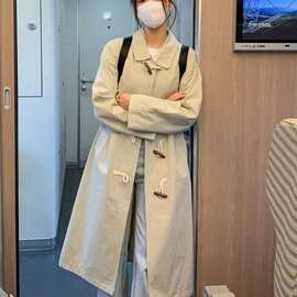 跨境日系纯色牛角扣翻领风衣女秋小个子巨好看宽松中长款外套批发
