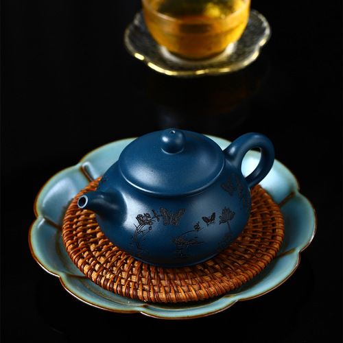 Pan Hu Lotus Pond Moonlight Yixing Zisha Teapot, Handmade Azure Clay Tea Pot for Home Use, Gongfu Tea Set
