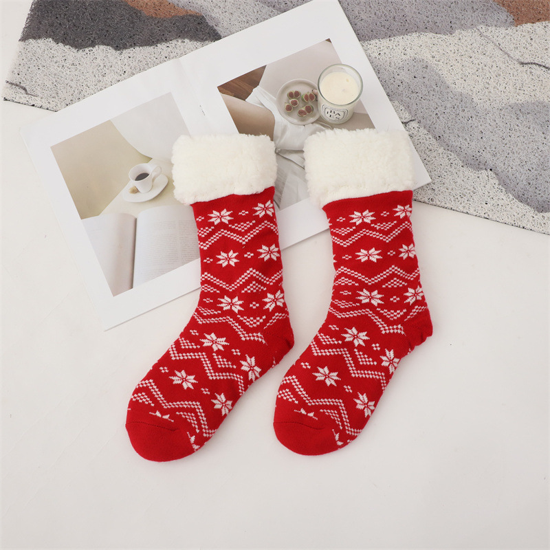 여자의 빨간 눈송이 긴 튜브 바닥 양말