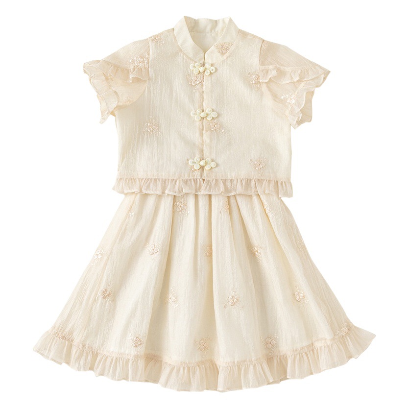 Bangchoan ropa infantil set de estilo nacional de verano, camiseta de hebilla, media falda, niñas dos sets de ropa de estilo antiguo para niños