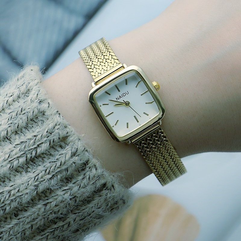 Square Herringstone Bamboo Band Girls' Watch Student Mesh Band Watch Boys Watch Mori Quartz Watch Small Fresh Style