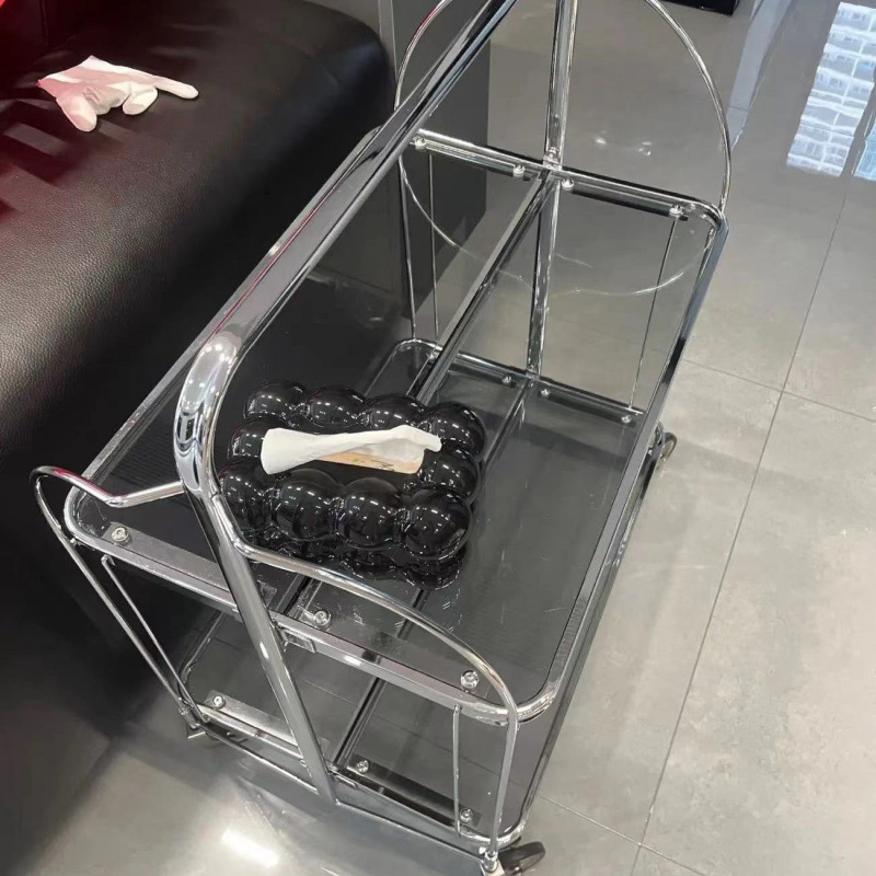 中古トロリー折りたたみ式モバイルガラストロリーインスタイルフラワースタンドダイニングカーネットレッド透明ガラス収納カート|undefined