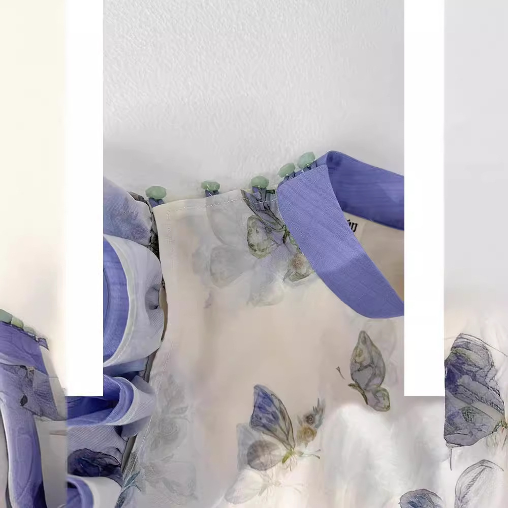 Đầm maxi nữ thắt eo tay bướm nhỏ họa tiết hoa mùa hè — Màu xanh lam