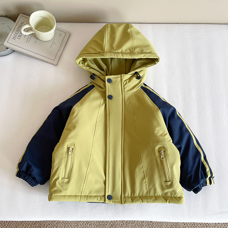 Wind Valley 2025 invierno nueva ropa infantil para niños coreano color contrastante grueso abrigo de asalto chaqueta de niño guapo algodón
