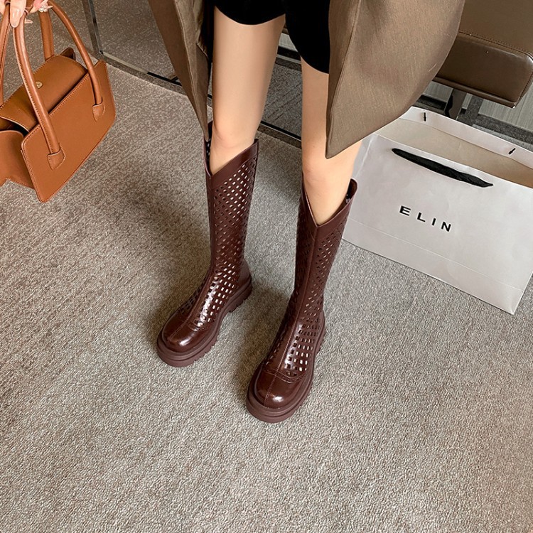 Boot nữ da bò đế dày cổ cao ống lưới — Màu nâu ống lớn, Màu đen cổ ống lớn, Ống nhỏ màu đen, Chu vi ống lớn màu trắng Be chi tiết 24