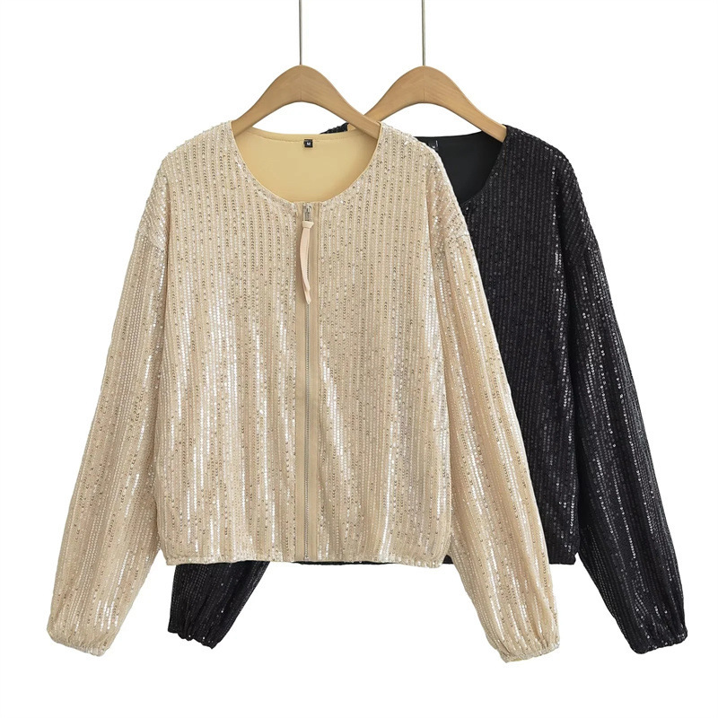 European and American High Street Sequin Decorated Aviator Jacket Coat Early Autumn New Design Pearlescent Casual Top