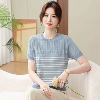 2026新款妈妈夏装短袖T恤洋气冰丝小衫中老年女夏季时尚减龄上衣