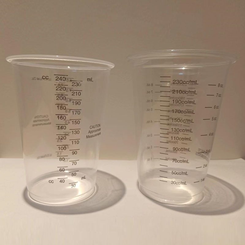 Fábrica de jugo de bebida de plástico 10z taza de impresión a escala de plástico taza de mezcla de color taza de medición experimental taza de mezcla de pintura desechable