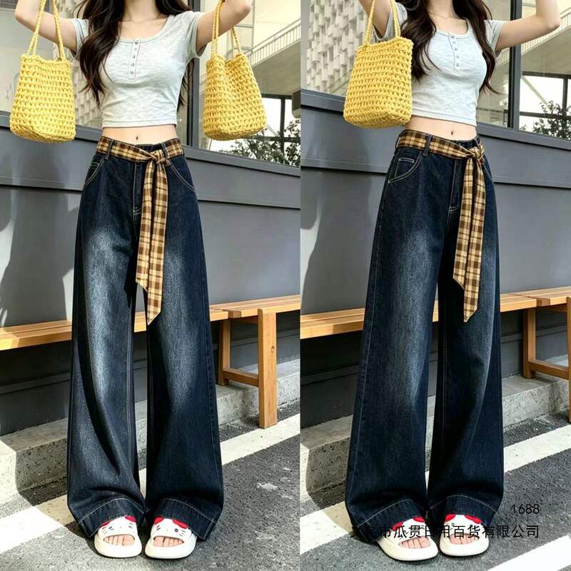 Petite jeans with soft straps, wide-leg plaid patchwork, new straight loose vintage summer design trousers Petite jeans with soft straps, wide-leg plaid patchwork, new straight loose vintage summer design trousers