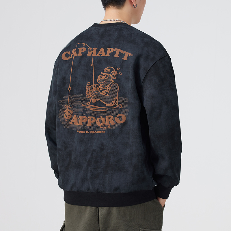 트렌디한 남성용 기모 스웨트셔츠, 가을/겨울용 라운드넥 남성 의류, 2024년 가을 신상품, 남성용 긴팔 빅사이즈 의류