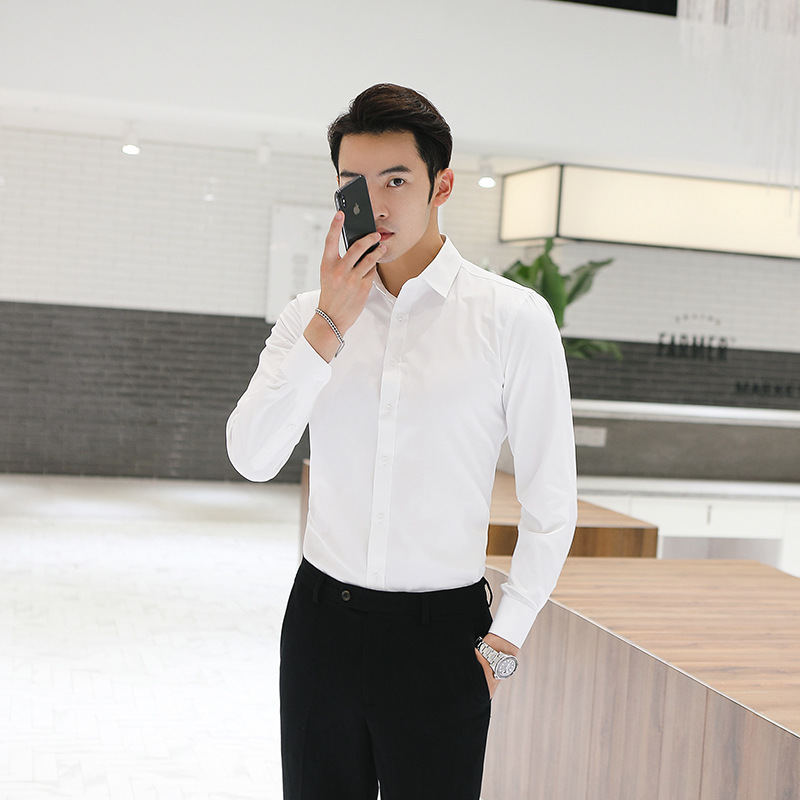 Camisa blanca de manga larga para hombres sin planchar ropa formal de negocios estilo coreano Delgado trabajo profesional novio mejor camisa de traje de hombre