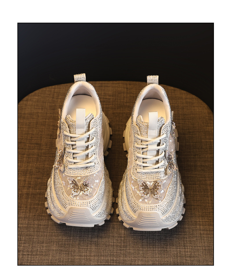 Giày sneaker nữ chunky đế dày đính đá pha lê thời trang — màu be chi tiết 19
