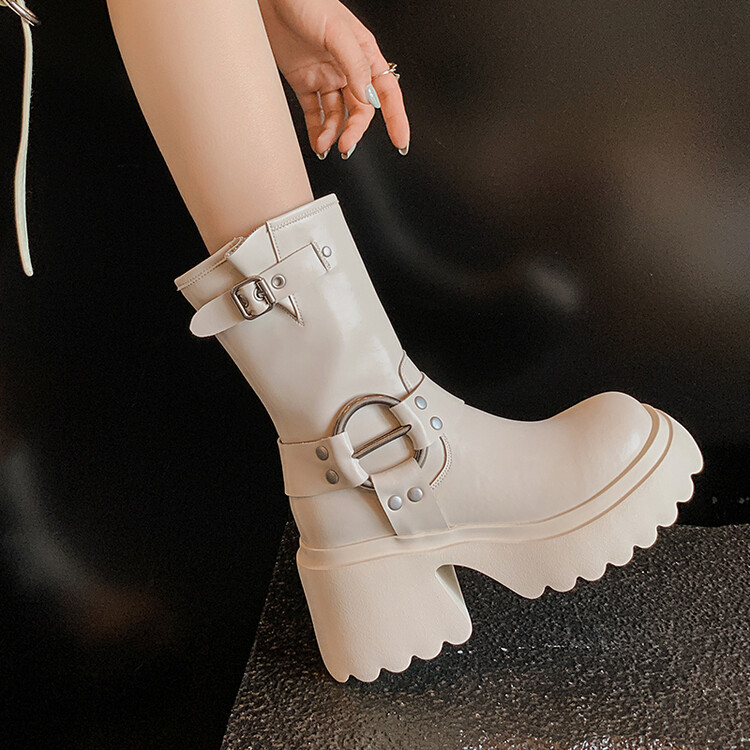 Foreign Trade T-Stage Fashion Show Style British Style Thick-Soled Martin Boots for Women, Leather Slim Boots with Belt Buckle, Short Boots. in Stock Recommendation