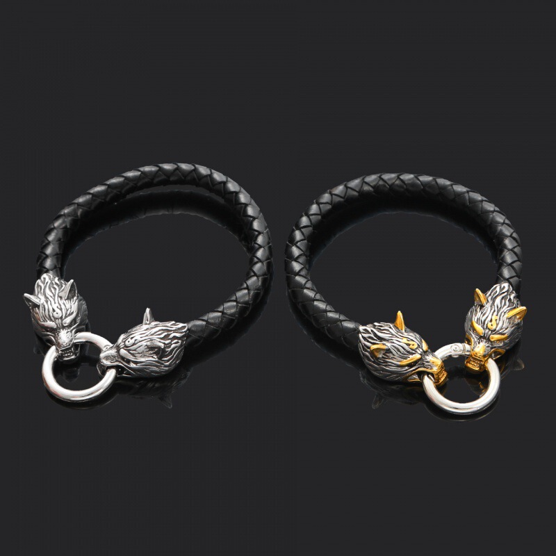 Foreign trade hot Viking Nordic wolf head bracelet Viking domineering men's bracelet Viking leather woven bracelet wholesale