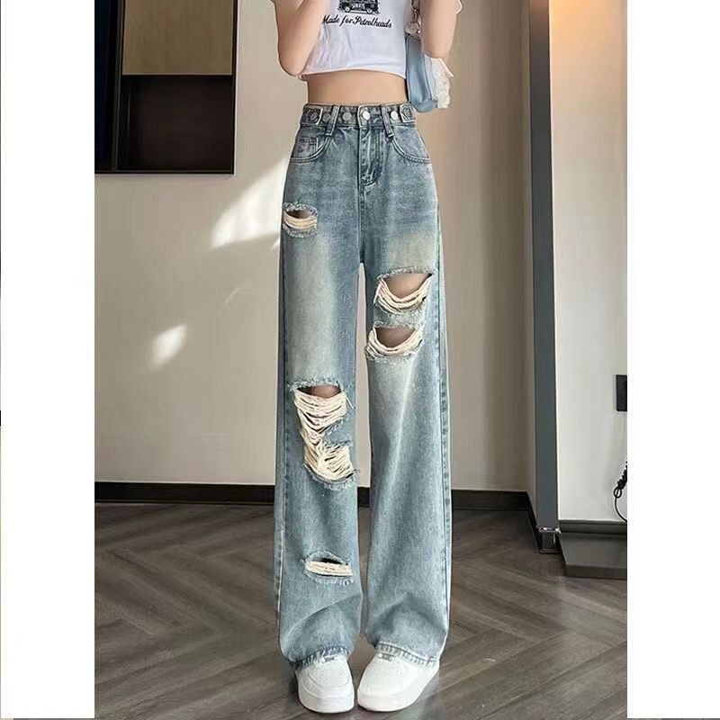 Adjustable Waist Ripped Jeans for Women, Plus Size Wide-Leg Pants, High-Waisted, Slimming, Versatile, Trendy Ins-Style Straight-Leg Pants Adjustable Waist Ripped Jeans for Women, Plus Size Wide-Leg Pants, High-Waisted, Slimming, Versatile, Trendy Ins-Style Straight-Leg Pants
