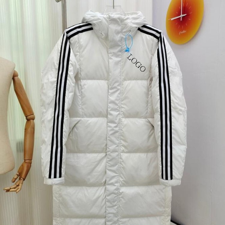 Winter Three-Stripe Unisex Mid-Length Hooded Warm Thick Coat down Jacket with 80% White Duck down Filling