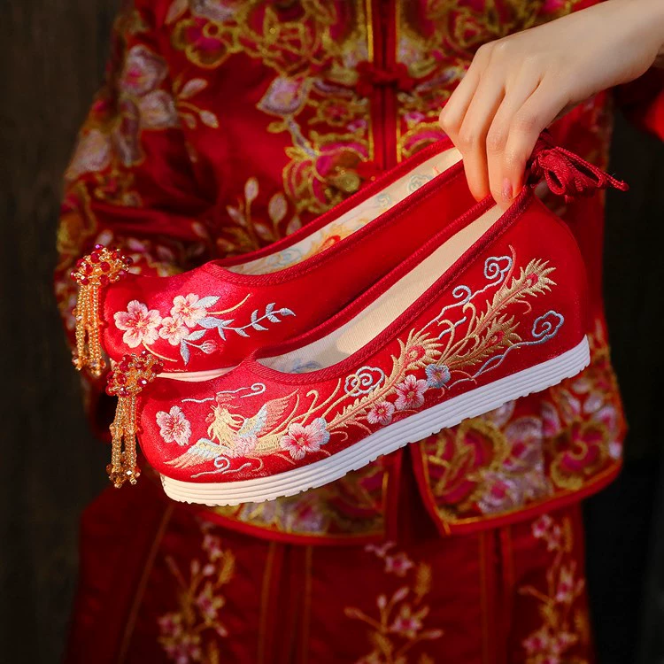 (Xifeng 4- см) китайские свадебные туфли Xiuhe, красные свадебные туфли с вышивкой и кисточками увеличенной высоты, древний костюм, туфли династии Хань в древнем стиле