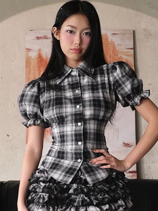 法式气质少女格纹撞色泡泡袖衬衫跨境新款翻领收腰显瘦排扣上衣|undefined