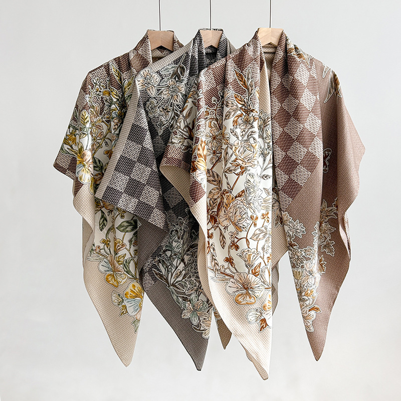 Nuevos productos transfronterizos de estilo europeo y americano, bufanda de seda estampada a cuadros de flores, estilo artístico de primavera y otoño, bufanda cuadrada de sarga de temperamento de atmósfera