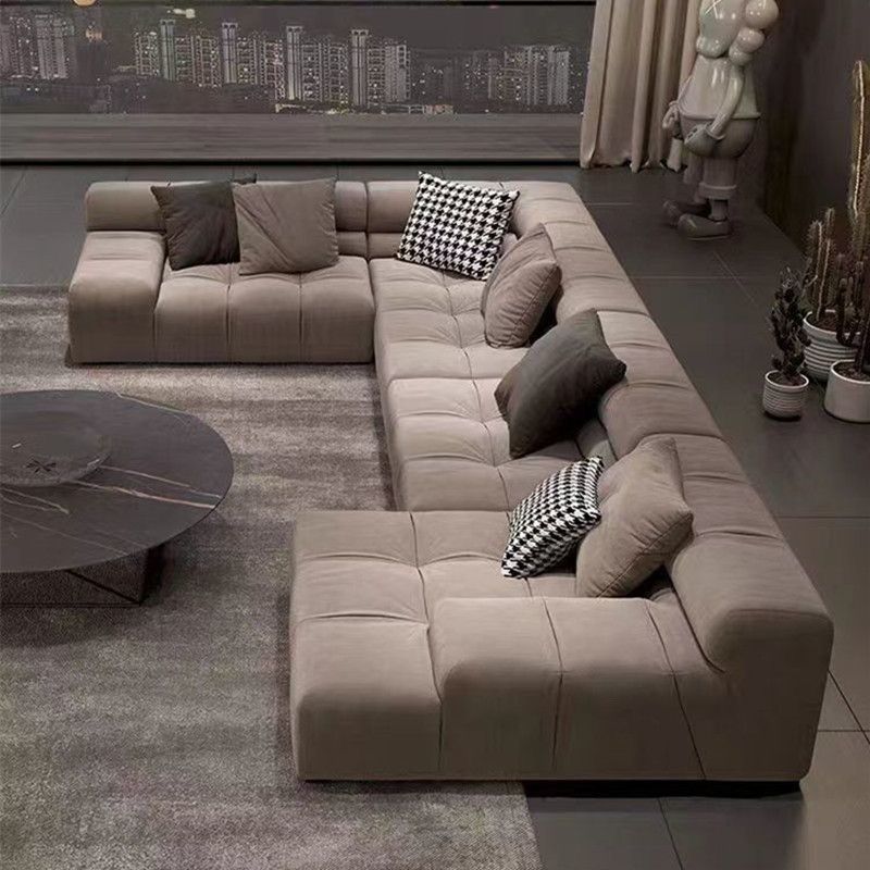 Modern Minimalist Living Room Sofa for Various Sizes, Italian-Style Minimalist Frosted Fabric Puff Tofu Block Chocolate Sofa Wood