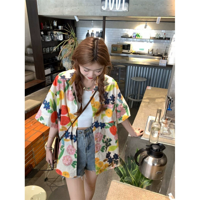 Трансграничная внешняя торговля, поставка, милая праздничная рубашка Tyrande с цветочным принтом, рубашка с короткими рукавами, милый топ с цветочным принтом