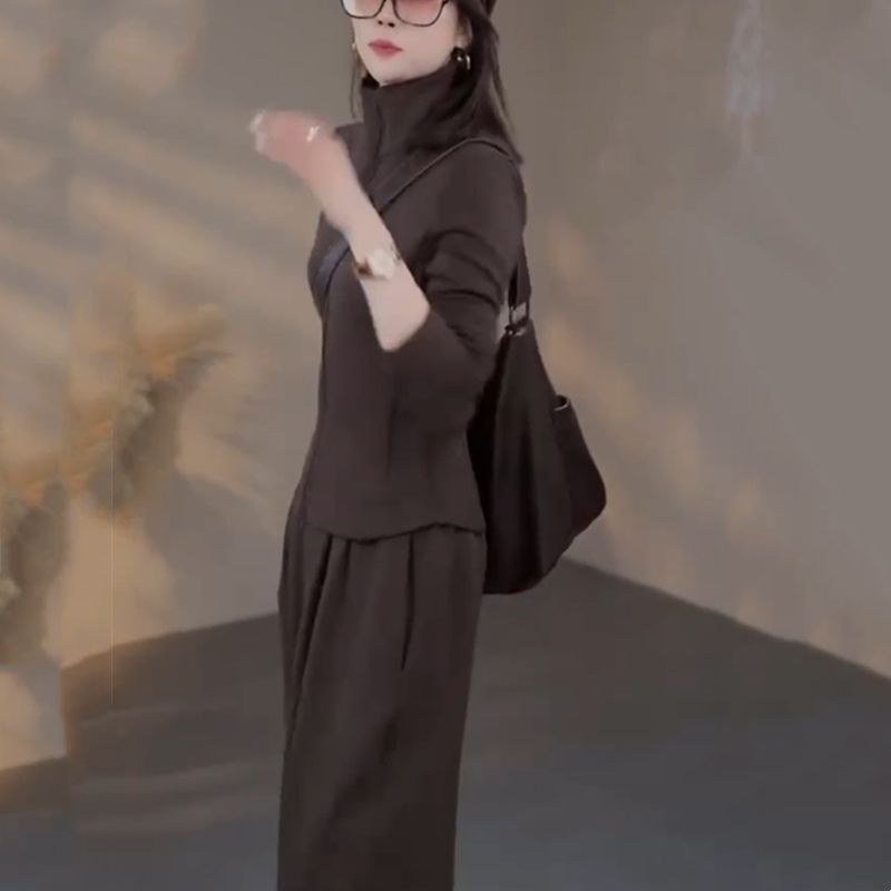 高级感运动休闲套装女加绒加厚秋冬新款时尚洋气上衣阔腿裤两件套|undefined