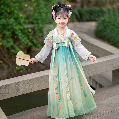 Girls Kids Chinese Hanfu fairy dress green floral princess cosplay kimono dresses children ancient Chinese ancient folk costume outfit for baby Girls Kids Chinese Hanfu fairy dress green floral princess cosplay kimono dresses children ancient Chinese ancient folk costume outfit for baby