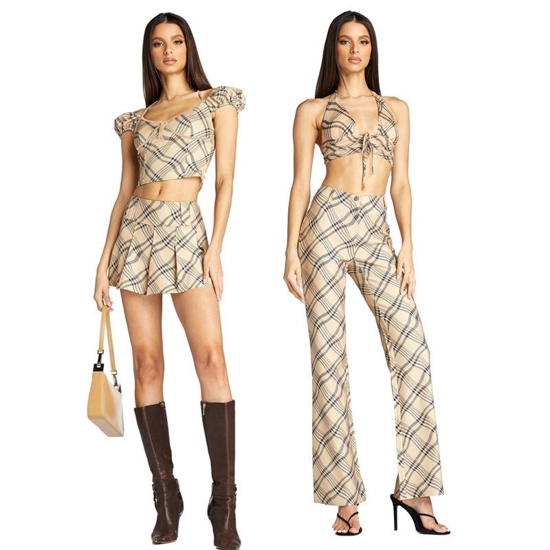 Iamgia Sexy Plaid Short-Sleeve T-Shirt with Pleated Short Skirt and Straight-Leg Pants Set for Women Iamgia Sexy Plaid Short-Sleeve T-Shirt with Pleated Short Skirt and Straight-Leg Pants Set for Women