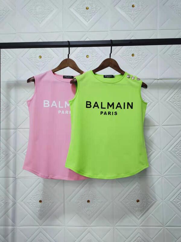 2025Ss Spring and Summer New Balmain Thick Flocked Letters Cotton Round Neck Gold Buckle Sleeveless Vest T-Shirt for Women