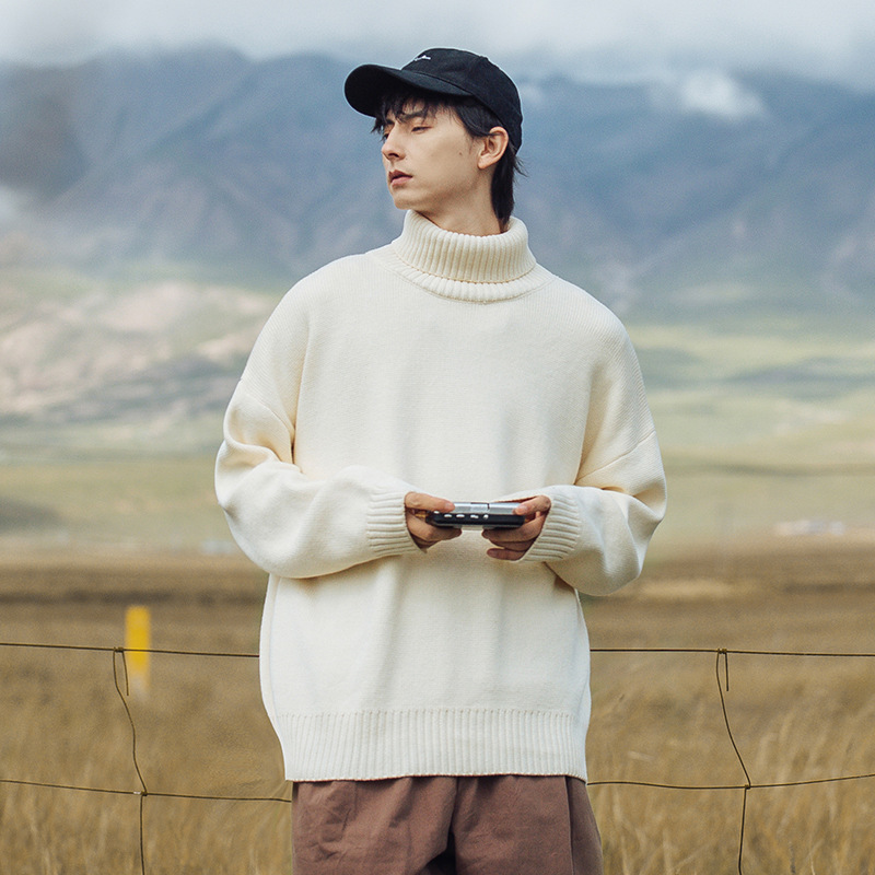 Hanlu Men's Clothing Solid Color Turtleneck Sweater Men's Winter New Style Lazy Style Japanese Versatile Couple Heavy Knit Sweater