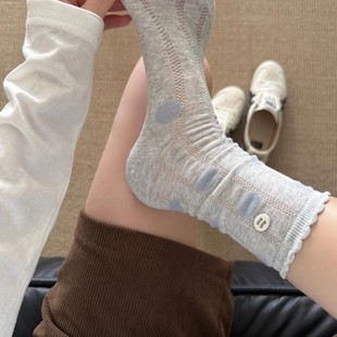 Button Polka Dot Socks for Women, Spring and Summer Thin Style, Trendy Versatile Korean Mid-Calf Socks, Slouch Socks, Simple College Style