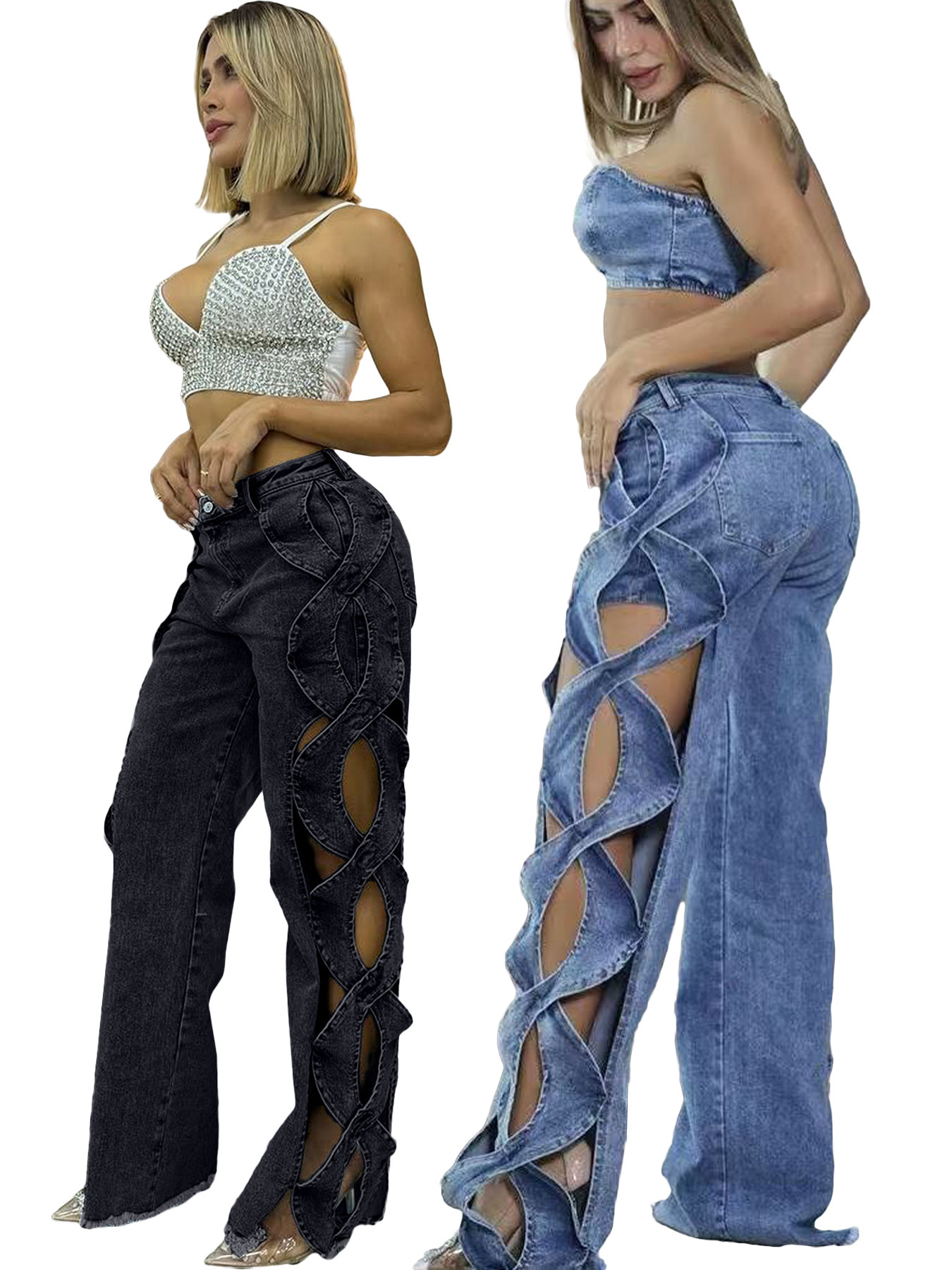 Women's Side Cutout S-Line Denim Pants – Edgy Patchwork Jeans With Distressed Details (Blue/Black-Gray, S-2XL)​_mkmklike.com