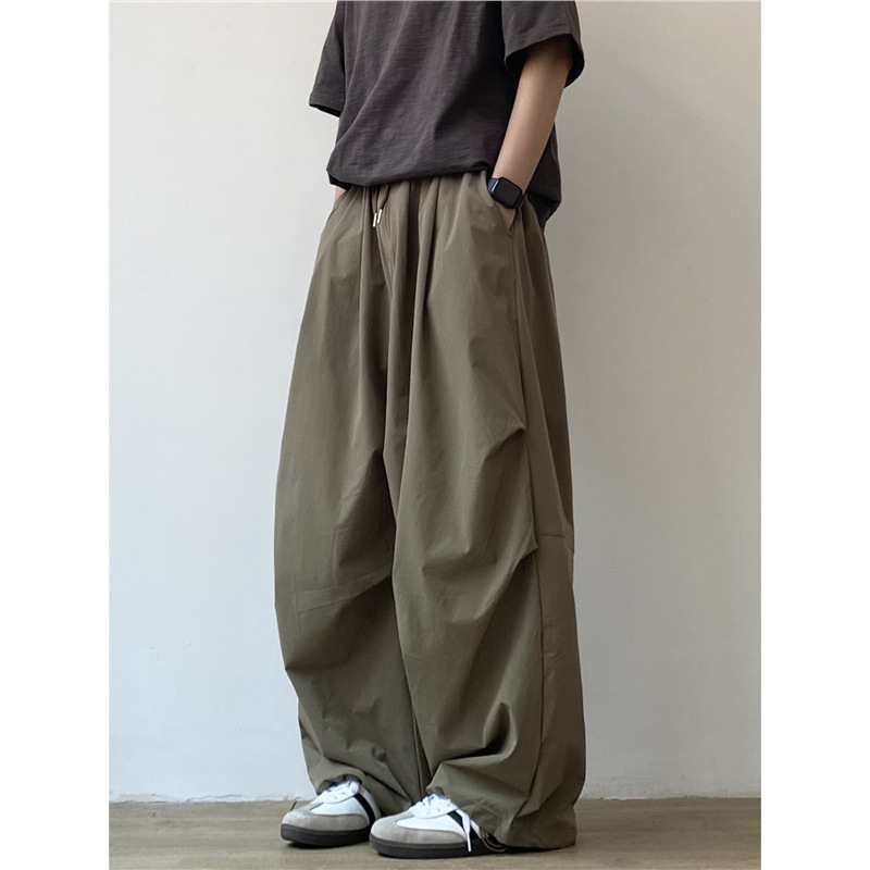 夏季日系复古纯色宽松褶皱阔腿裤男女学院风百搭直筒休闲长裤子潮