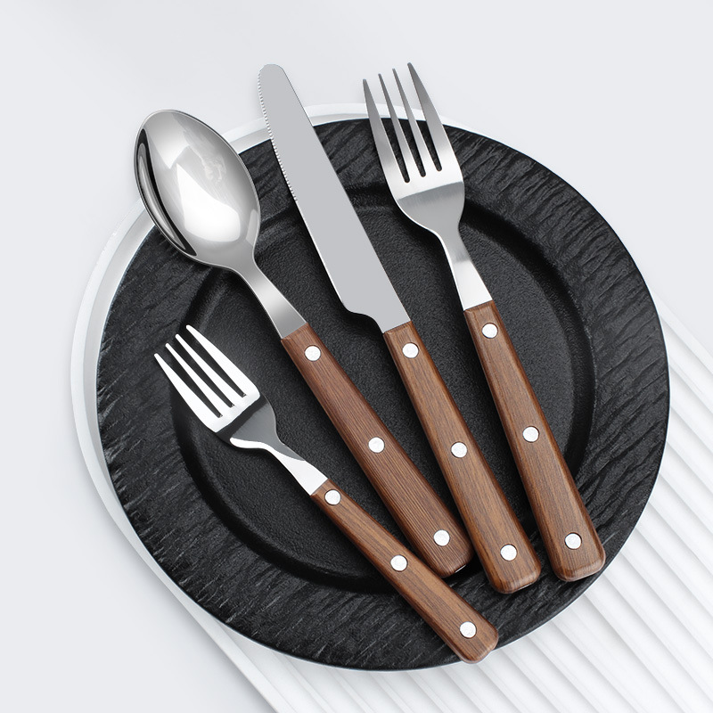 Juego de cubiertos de acero inoxidable con diseño imitación madera cuchillo tenedor y cuchara estilo occidental