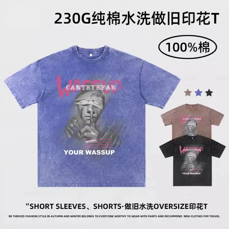 230g impresión camiseta de manga corta para hombres verano nuevo cuello redondo suelto oversize americano vintage in camiseta de moda