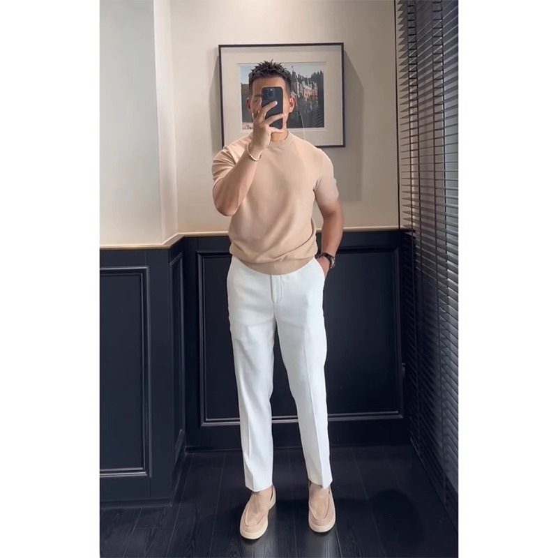 Summer Thin Drapey High-End White Dress Pants Mature and Stable Men's Cropped Pants Slimming Long Straight Suit Pants