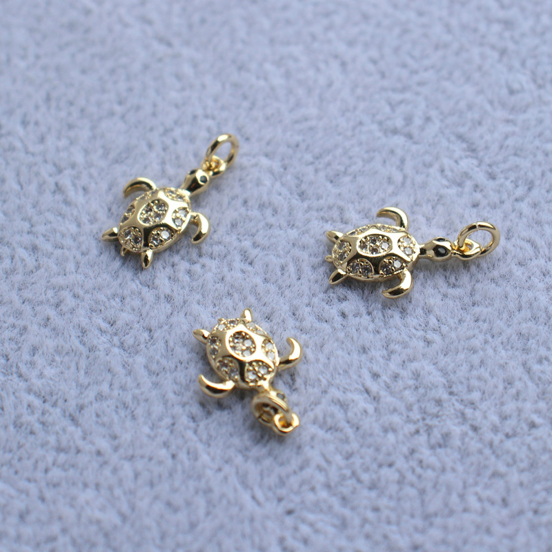 銅鍍真金锆石小烏龜動物小吊墜小挂件DIY耳環耳墜項鏈墜配件 帶圈