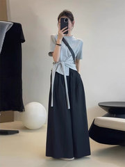 夏装搭配一整套韩系感不规则绑带T恤阔腿裤盐系减龄两件套女