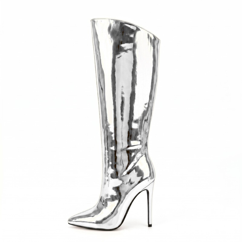 Cross-border metallic mirror 12cm stiletto heel pointed toe knee-high metallic boots, large sizes 35-47