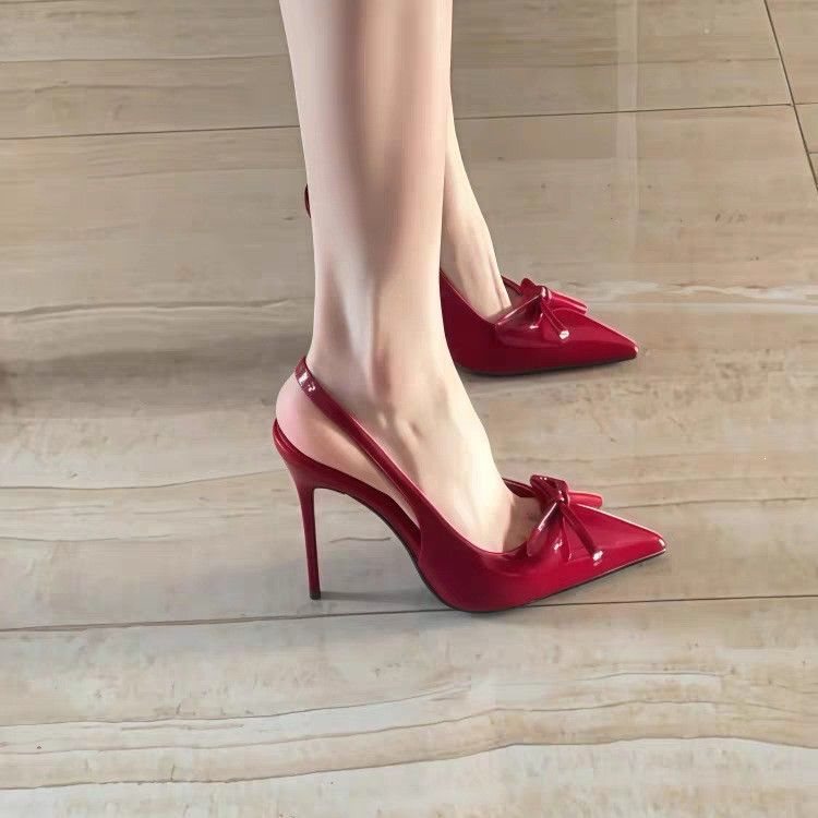 Stunning burgundy high-heeled shoes for women, 2025 summer new model, open-back pointed toe, thin heel, shallow cut, sexy single shoes with bowknot sandals